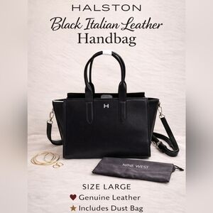 Halston Black Italian Leather Tote Handbag Large Structured Satchel $495 Retail